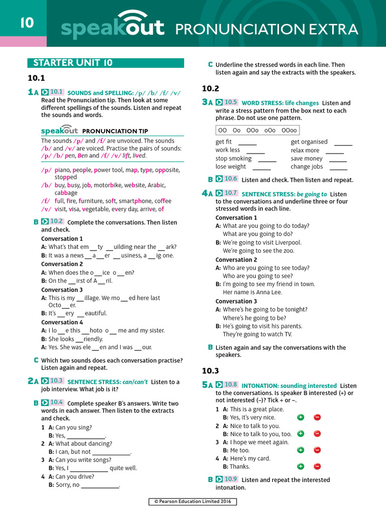 Speakout Pronunciation Extra Starter Unit 10 PDF Phonology Human