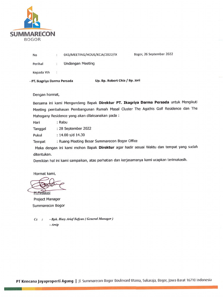 Undangan Meeting PT. Ikagriya | PDF