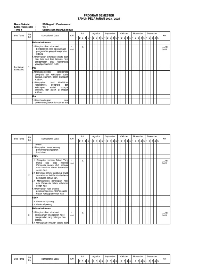 Program Semester SD 2023/2024 Kelas VI | PDF