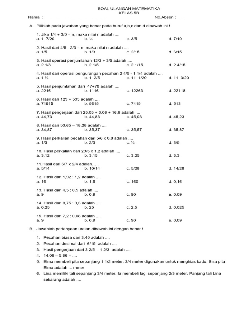 Soal Ulangan Mtk Pdf
