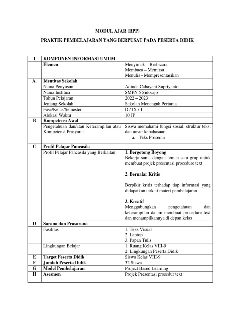 Modul Ajar Procedure Text | PDF