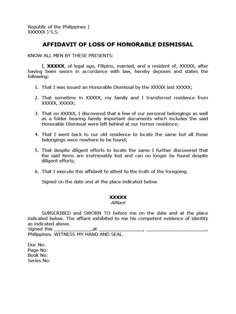 Affidavit Of Loss Honorable Dismissal Pdf