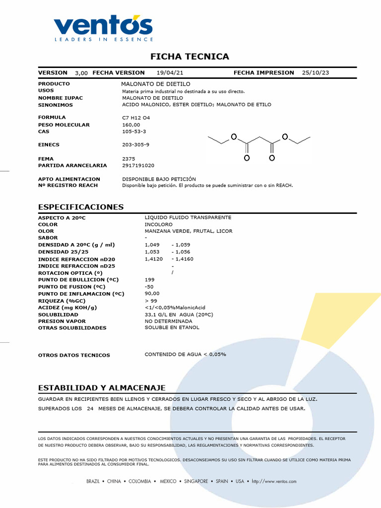 Specs Malonato de Dietilo PDF Compuestos orgánicos Grupo funcional