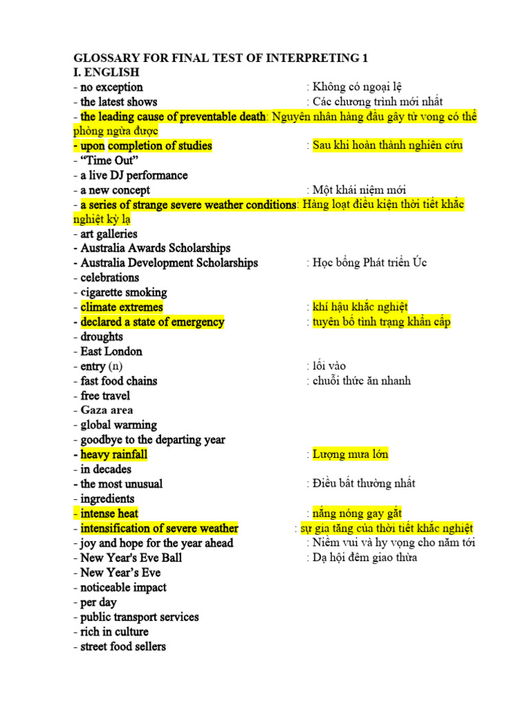 Glossary For Final Test of Interpreting 1 | PDF