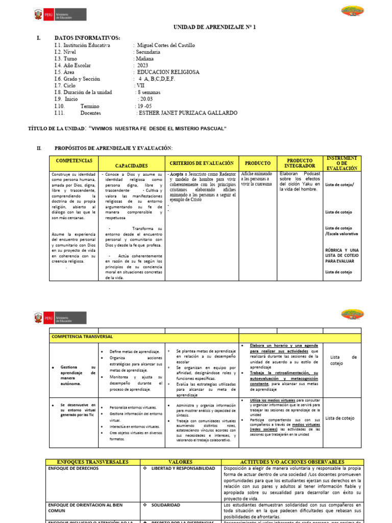 Unidad de Aprendizaje N 1 Cuarto Año 2023 | PDF