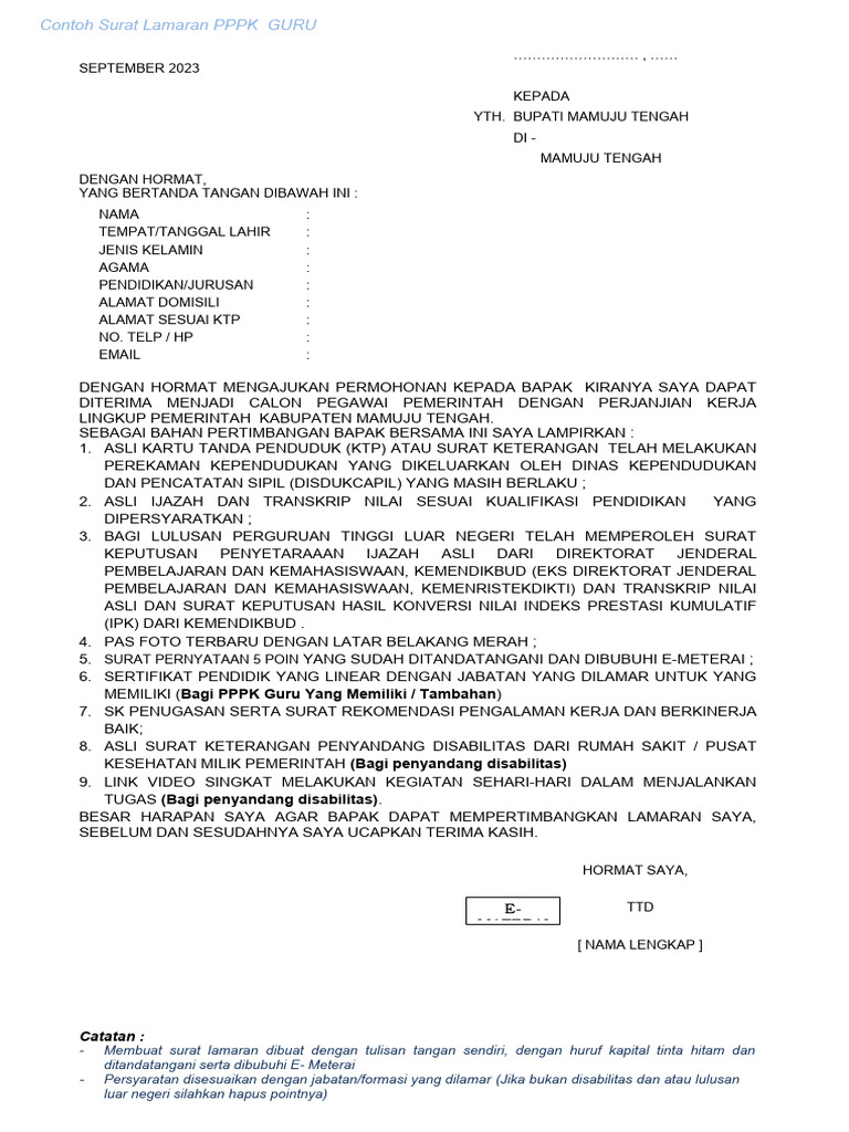 Contoh Surat Lamaran PPPK Mamuju Tengah 2023 | PDF