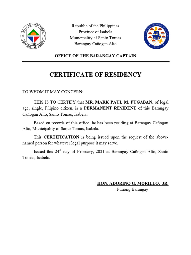 Certificate of Residency - Santo Tomas, Isabela | PDF