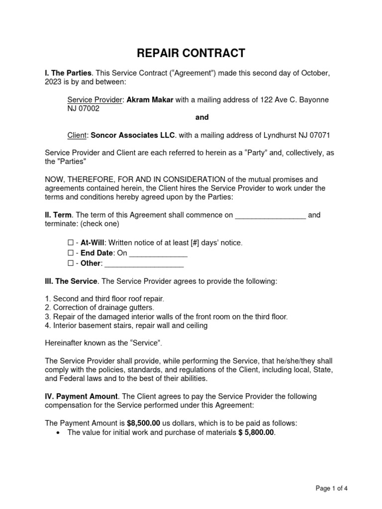 Repair Contract-Soncor A | PDF | Breach Of Contract | Employment
