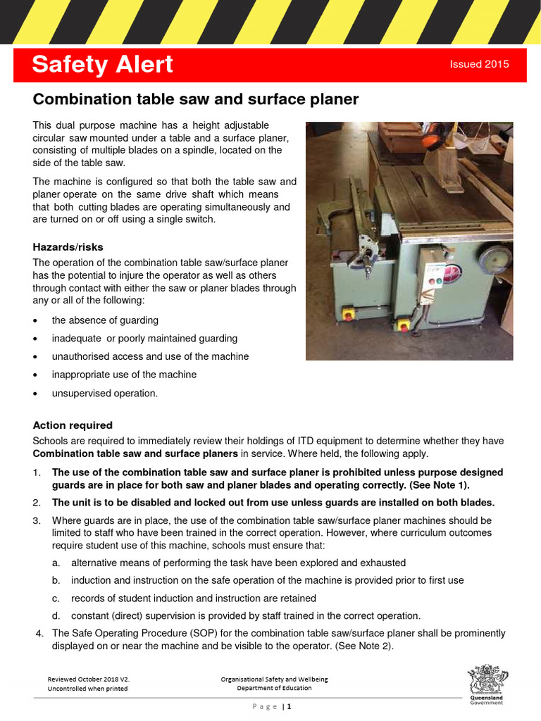 Combination Table Saw Surface Planer Fact Sheet PDF Machines Safety
