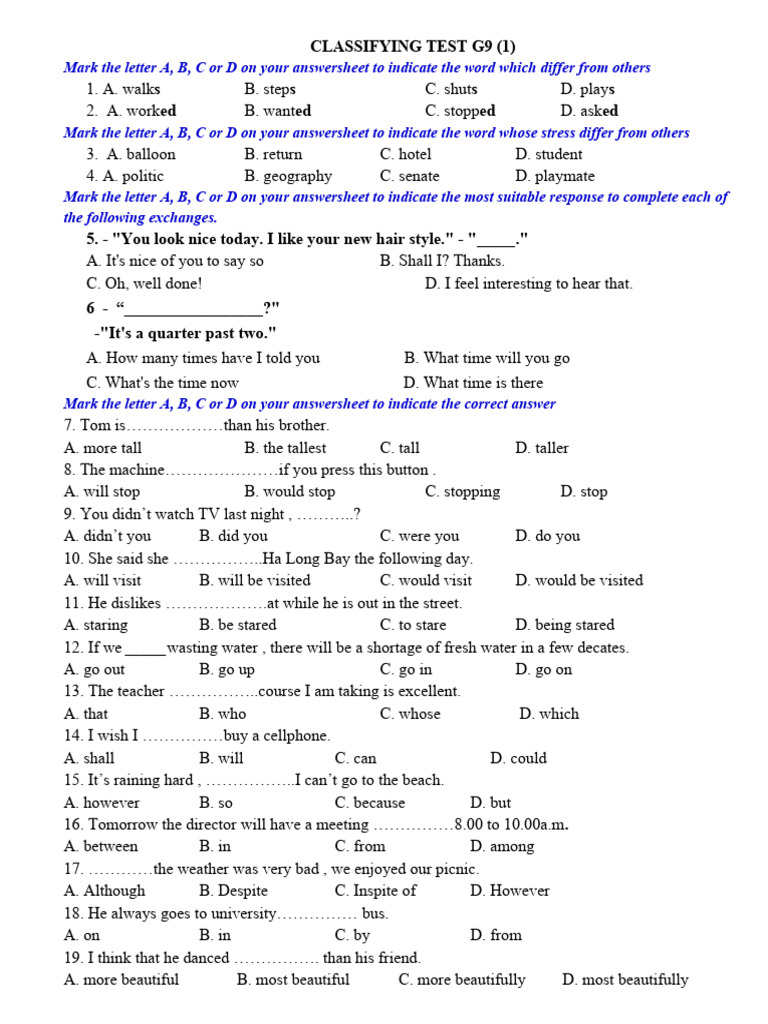 Classifying Test G9 | PDF