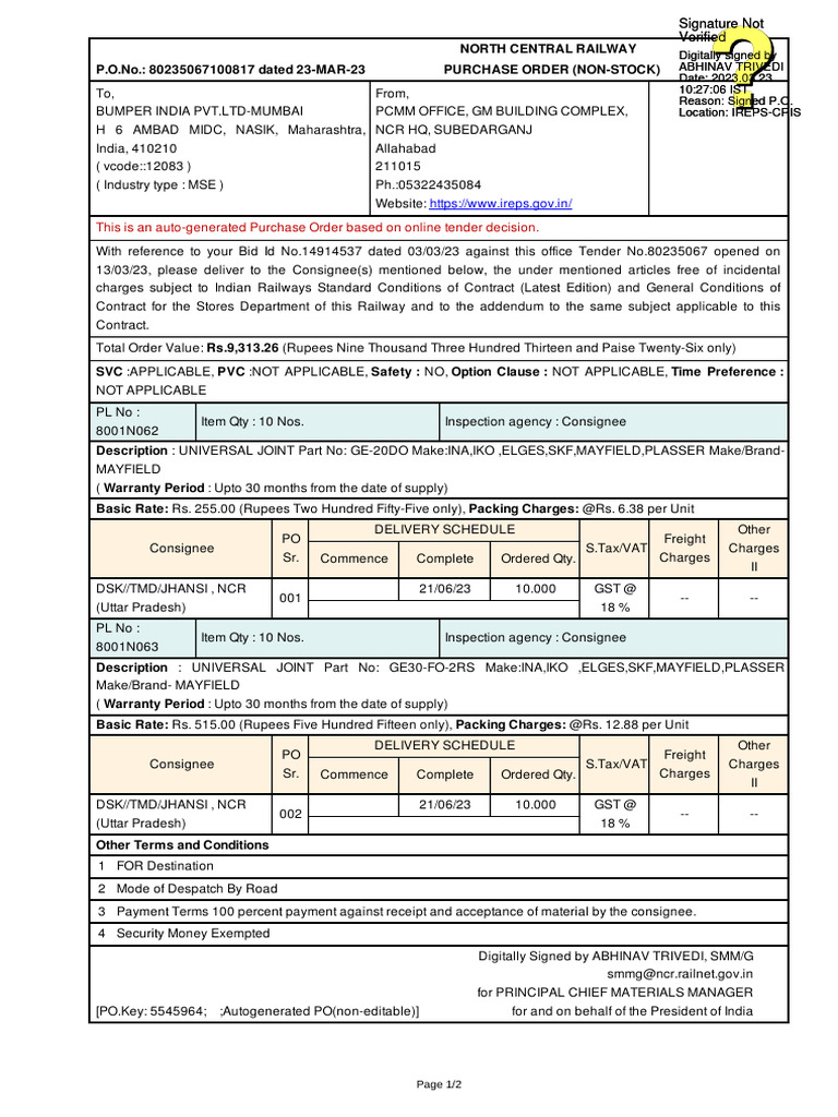 NCR Purchase Order for Universal Joints | PDF
