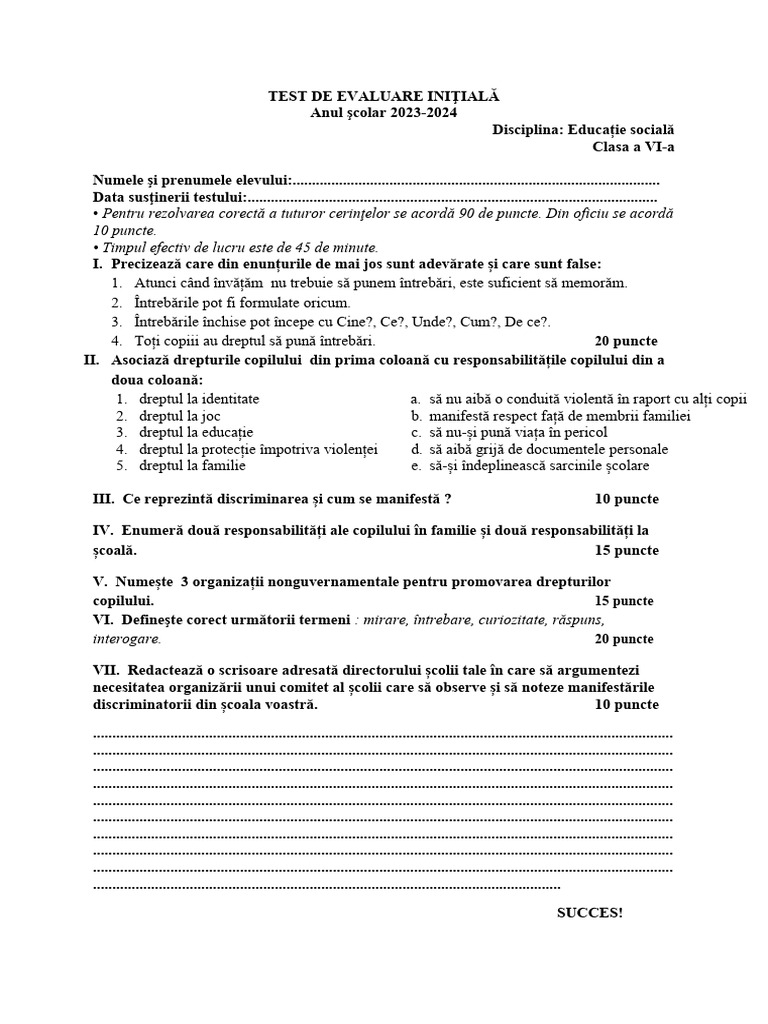 Test Initial Clasa 6 | PDF