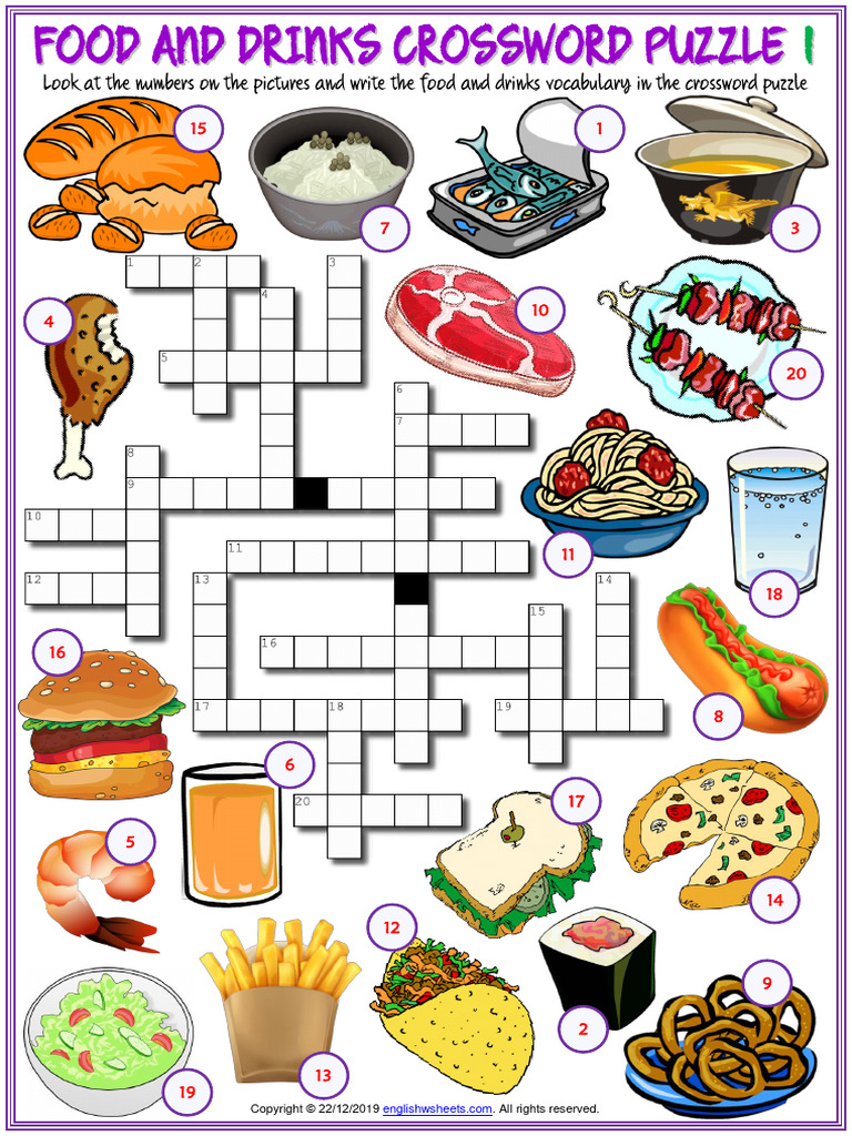 Food and Drinks Vocabulary Esl Crossword Puzzle Worksheets For Kids | PDF