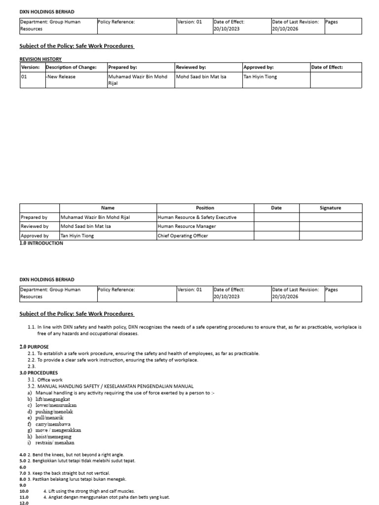 Manual Handling Safety Procedures | PDF | Occupational Safety And ...