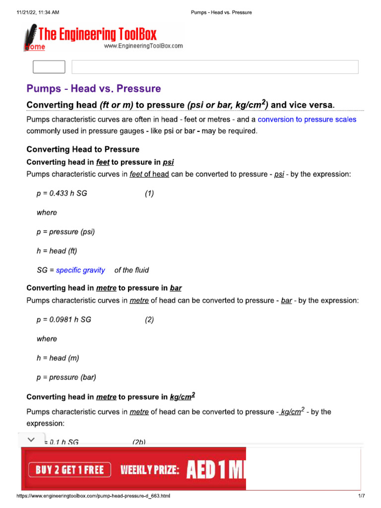 Convert Pressure To Head Both Units | PDF