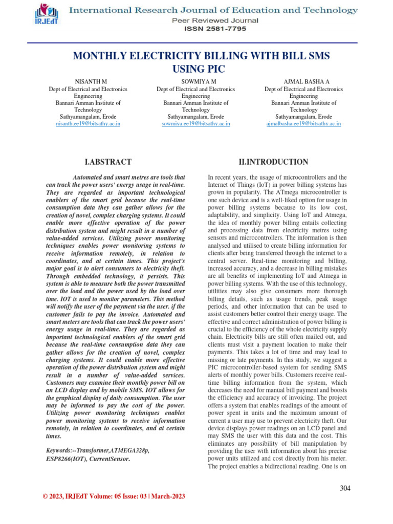 Monthly Electricity Billing With Bill SMS Using Pic PDF