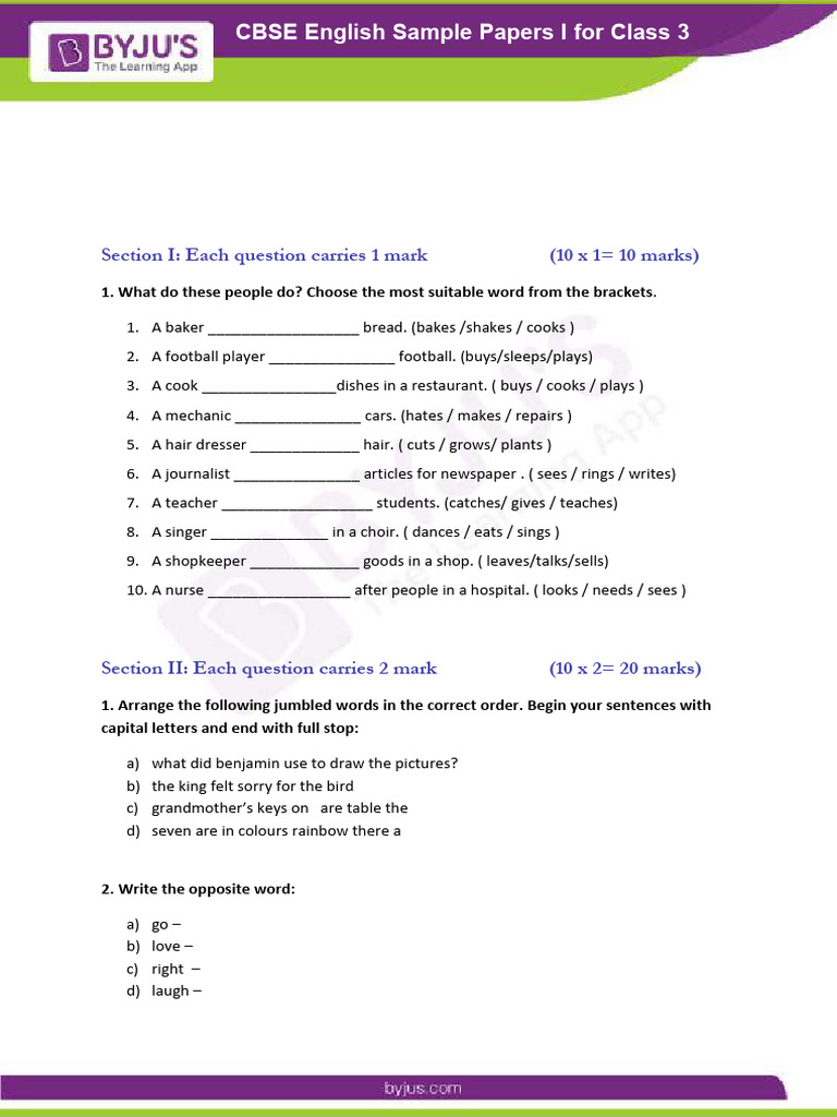 CBSE Sample Paper For Class 3 English Set 2 Er PDF