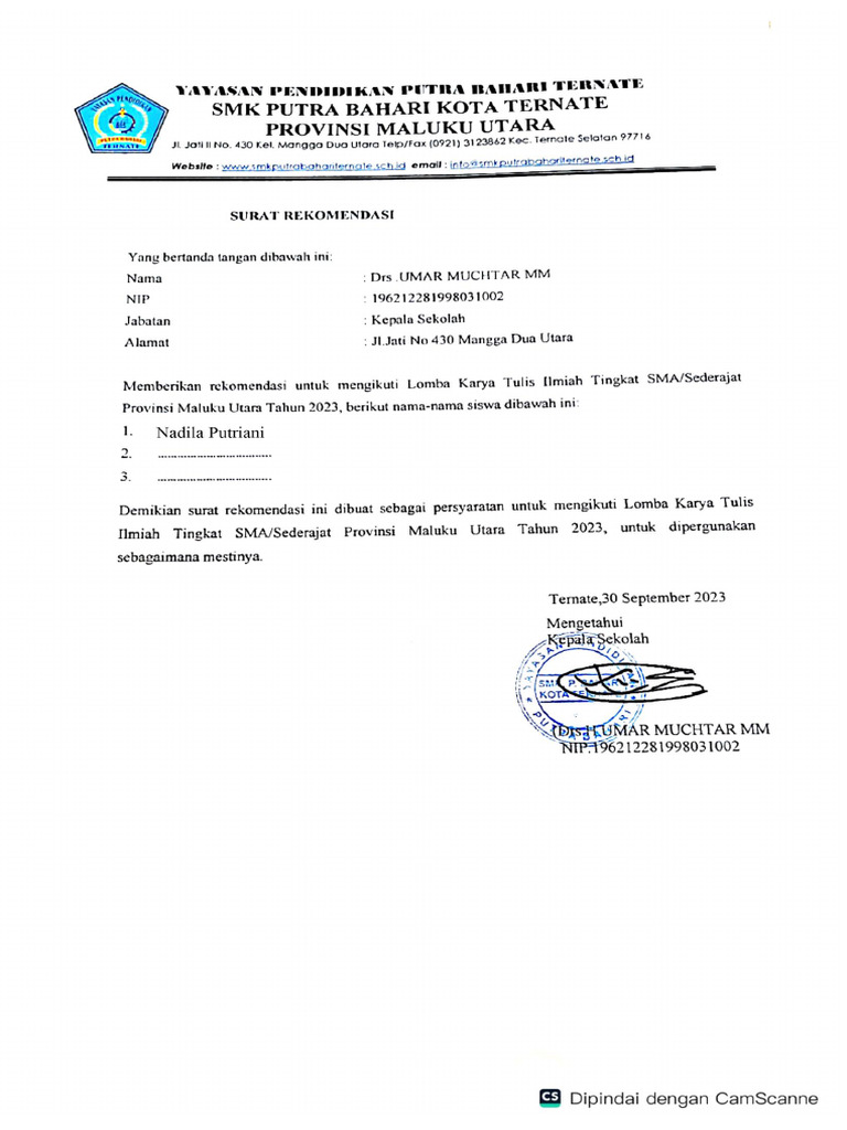 Contoh Surat Rekomendasi | PDF