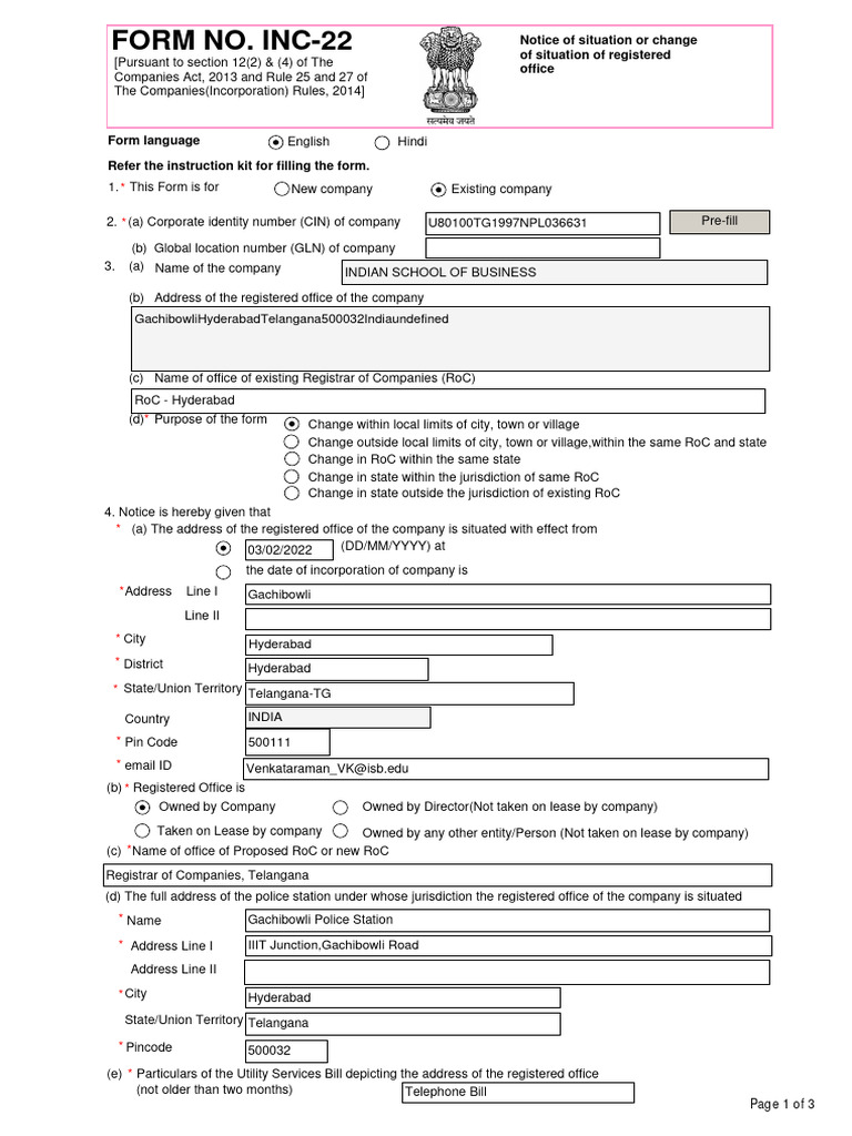 Change of Registered Office Form | PDF | Private Law | Justice