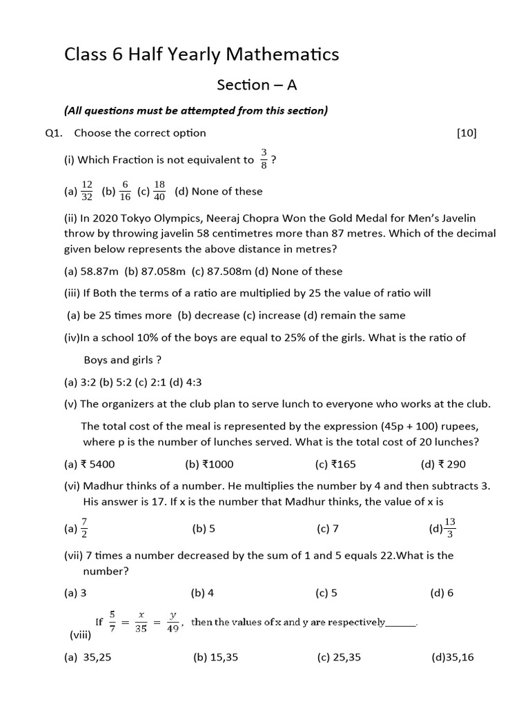 Class 6 Half Yearly Mathematics PDF Ratio Arithmetic