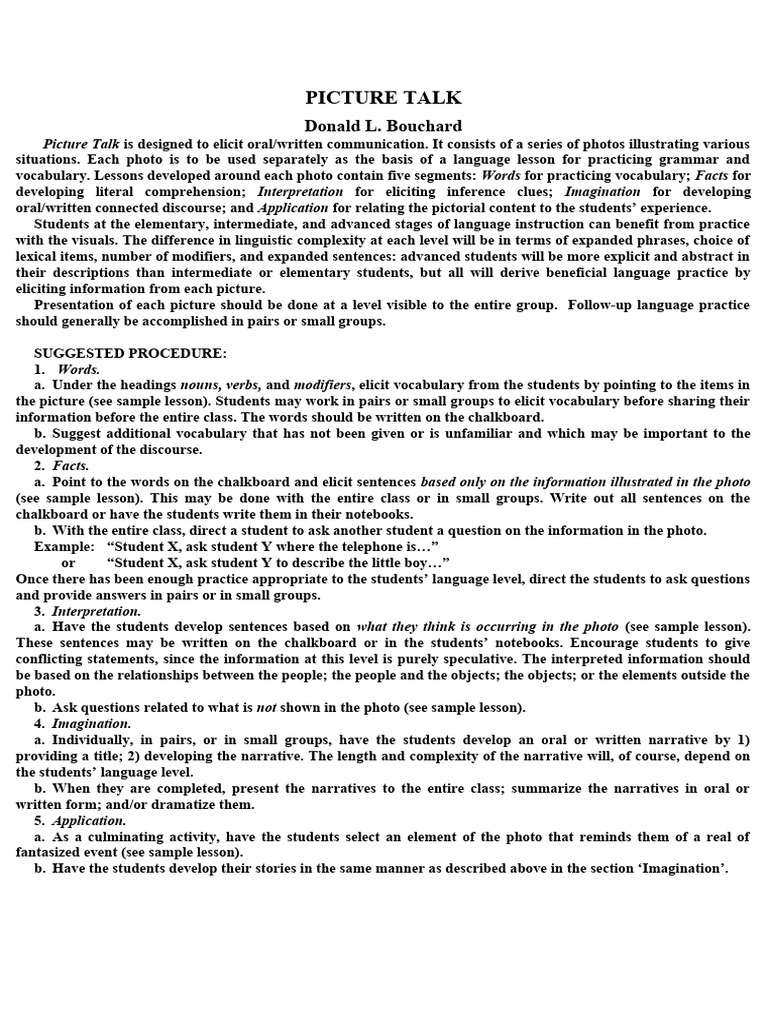 Picture Talk: Eliciting Language Skills | PDF | Vocabulary | Word