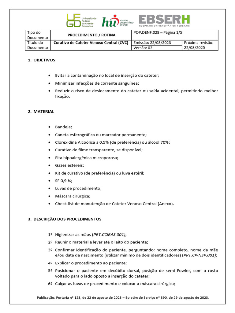 Pop Denf 028 Curativo de Cateter Venoso Central CVC | PDF | Enfermagem ...