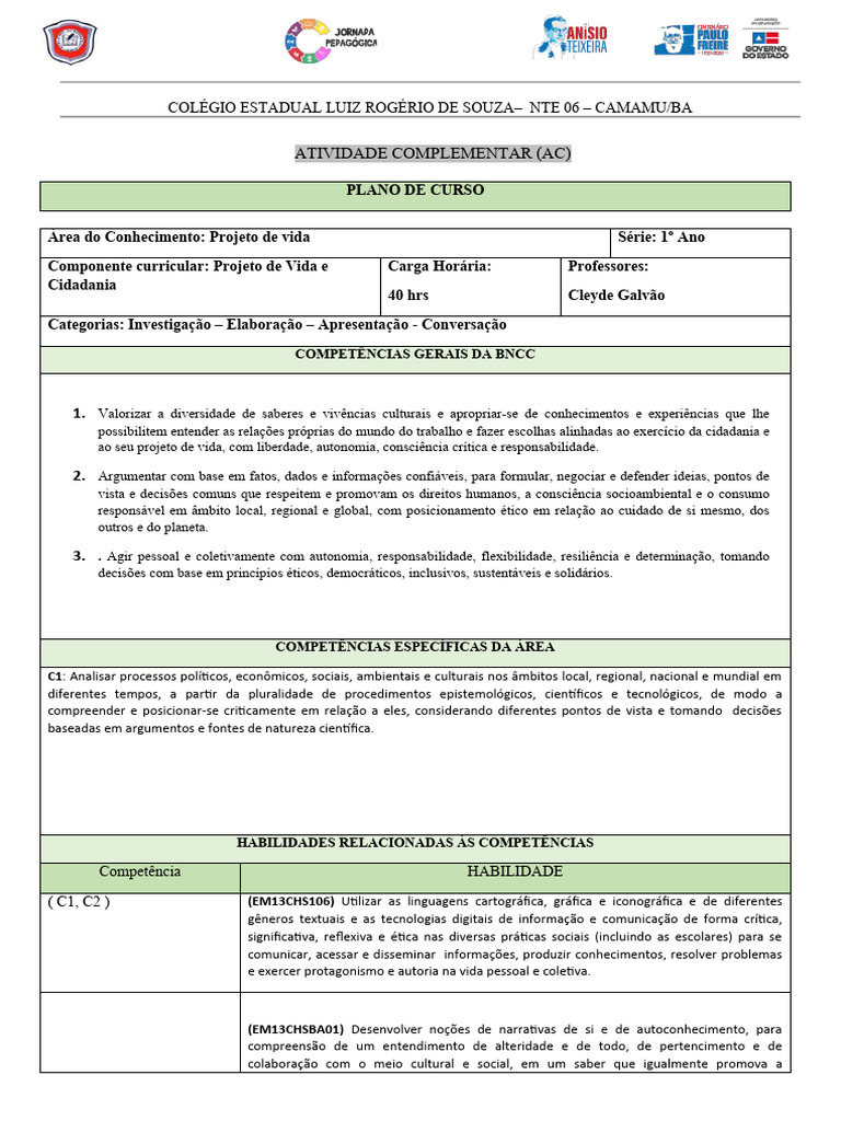 Plano de Curso: Projeto de Vida 1º Ano | PDF | Conhecimento | Vida