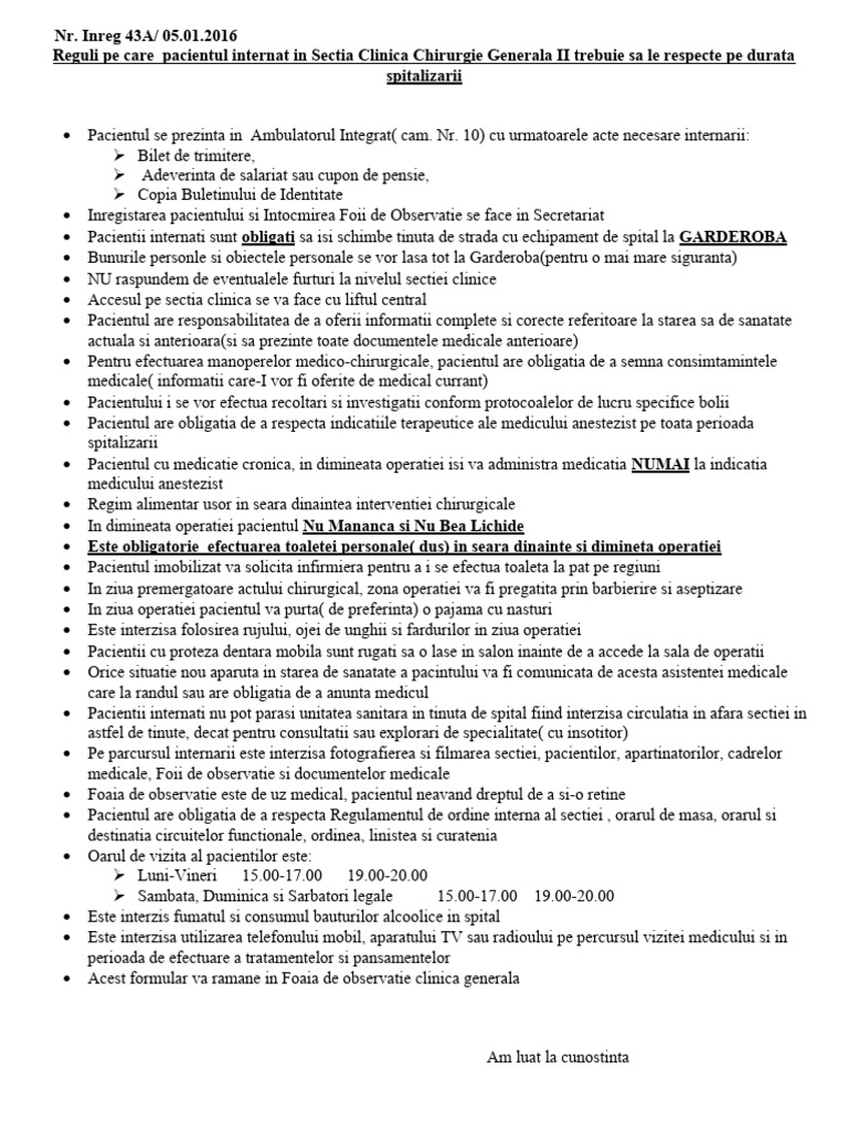Informatii Generale Pentru Pacientul Internat in Sectia Clinica ...