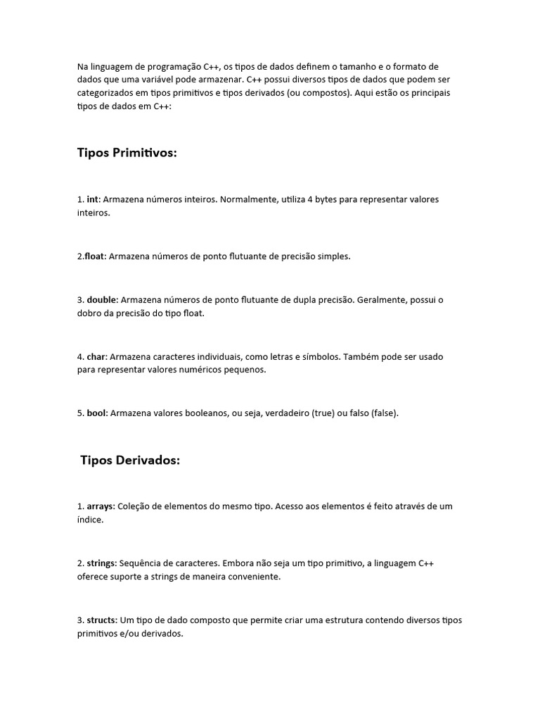 Tipos de Dados em C++: Primitivos e Derivados | PDF | Computadores