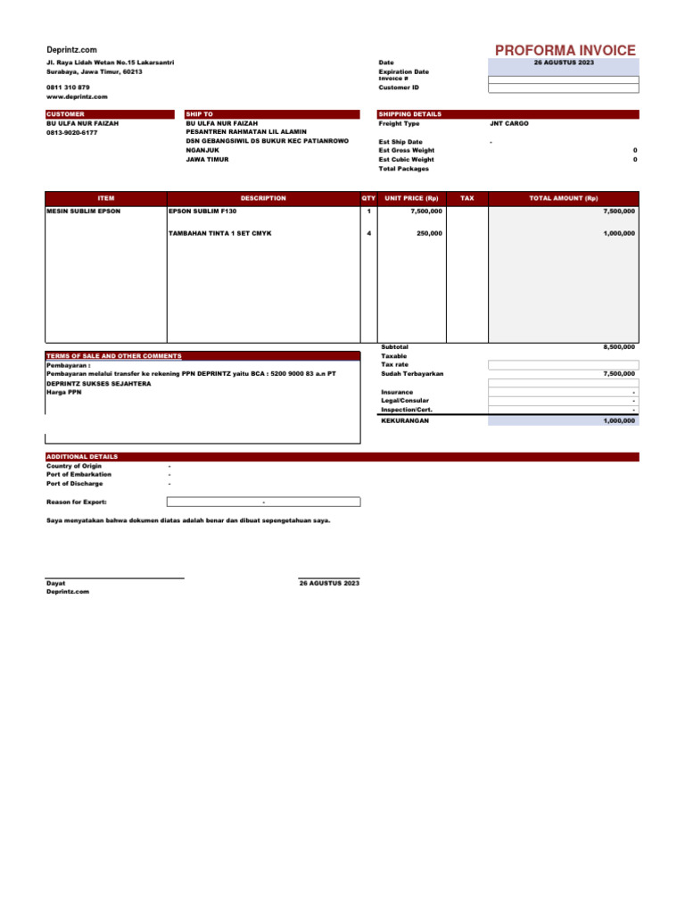 Proforma Invoice Ulfa Nur Faizah - Nganjuk PPN | PDF