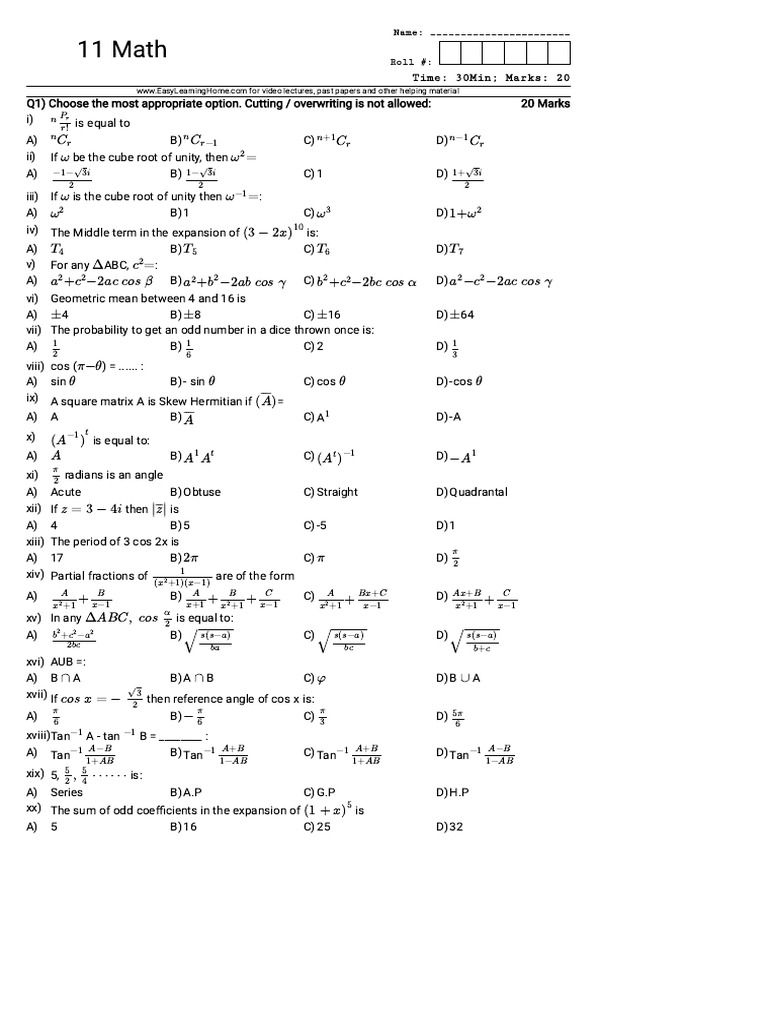 Class 11 Math Test Paper | PDF | Mathematical Physics | Elementary ...