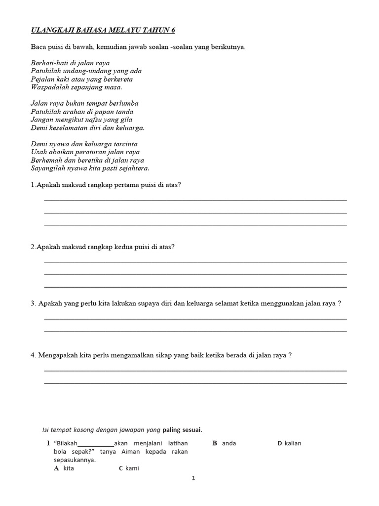 Ulangkaji Bahasa Melayu Tahun 6 Pdf