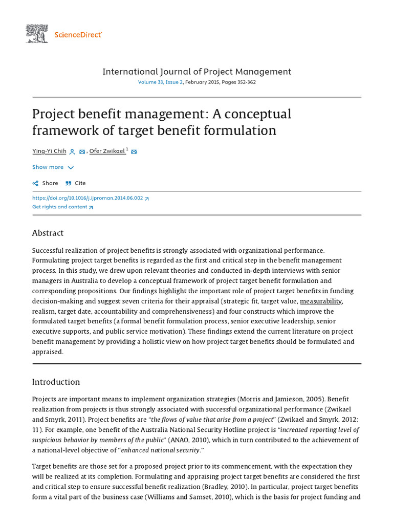 Project Benefit Management A Conceptual Framework of Target Benefit