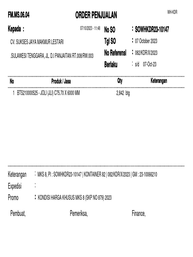 Order Penjualan Khusus MKS 8 2023 | PDF