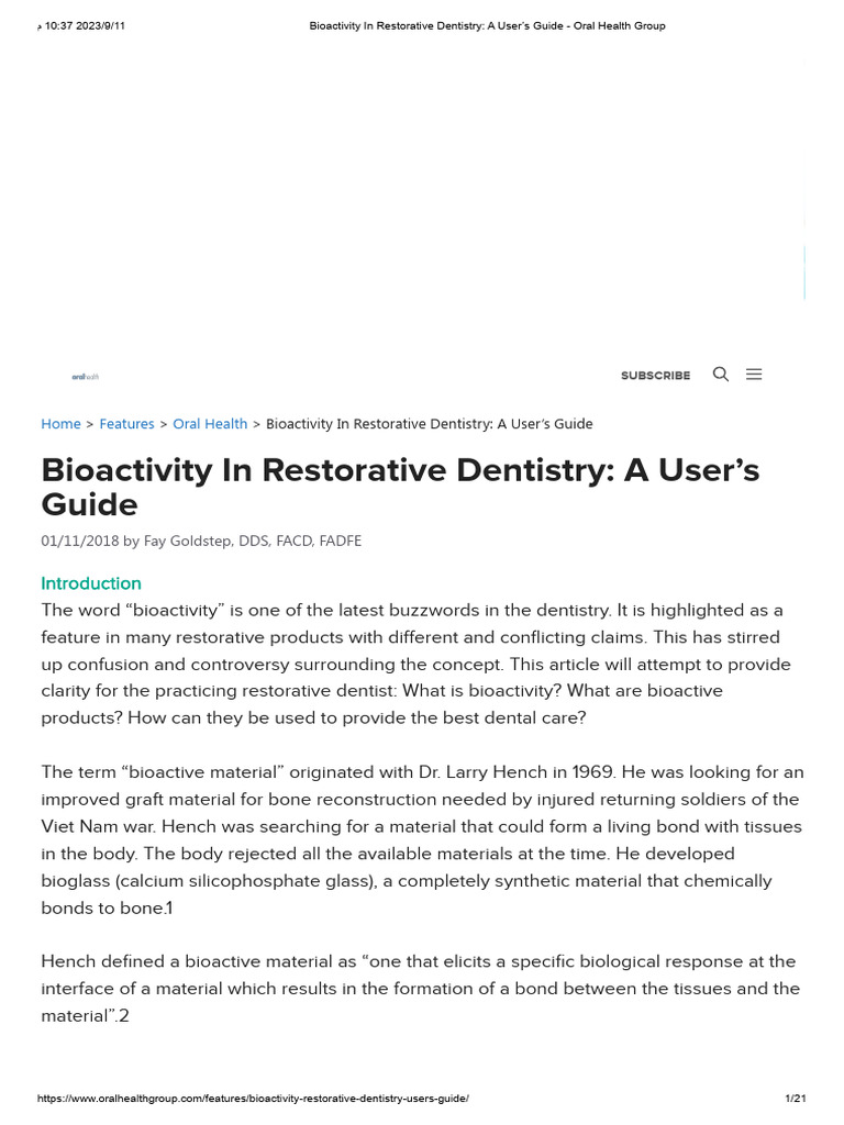 Bioactivity in Restorative Dentistry - A User's Guide - Oral Health ...