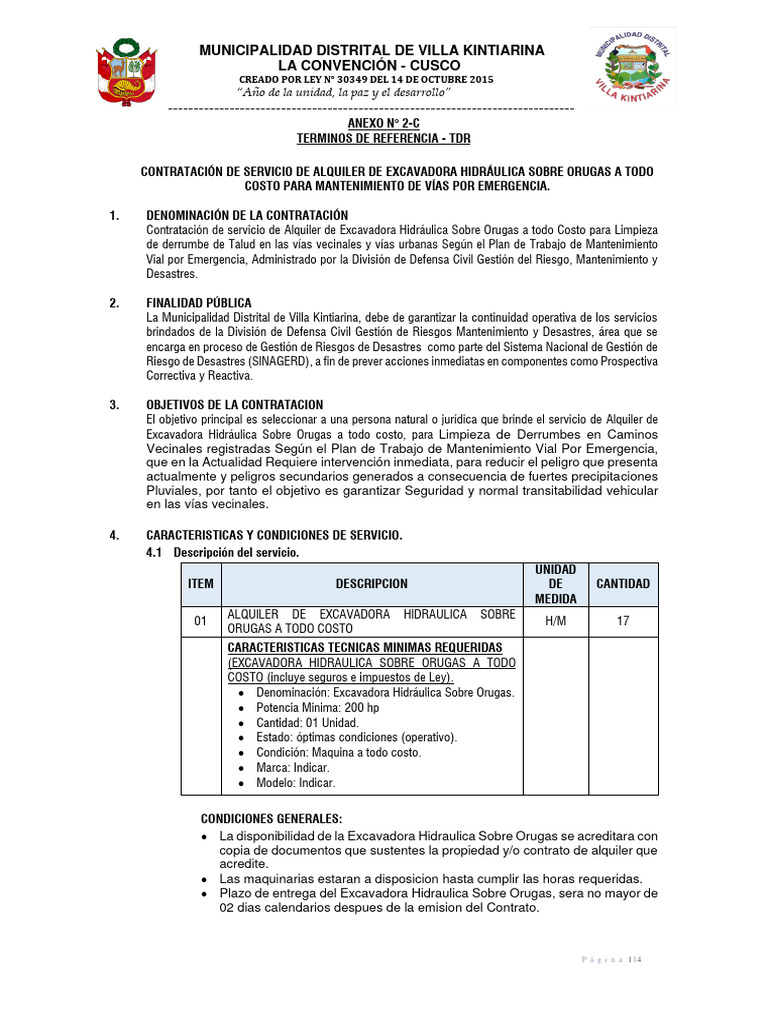 Alquiler de Excavadora para Mantenimiento Vial | PDF | Defensa Civil