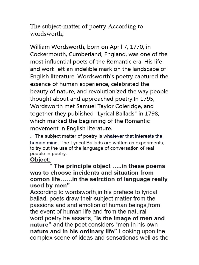 Wordsworth's View on Poetry's Subject Matter | PDF | General Fiction