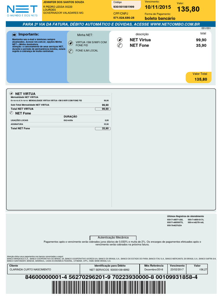 Segunda Via da Fatura NET Combo | PDF | Bancos | Serviços financeiros