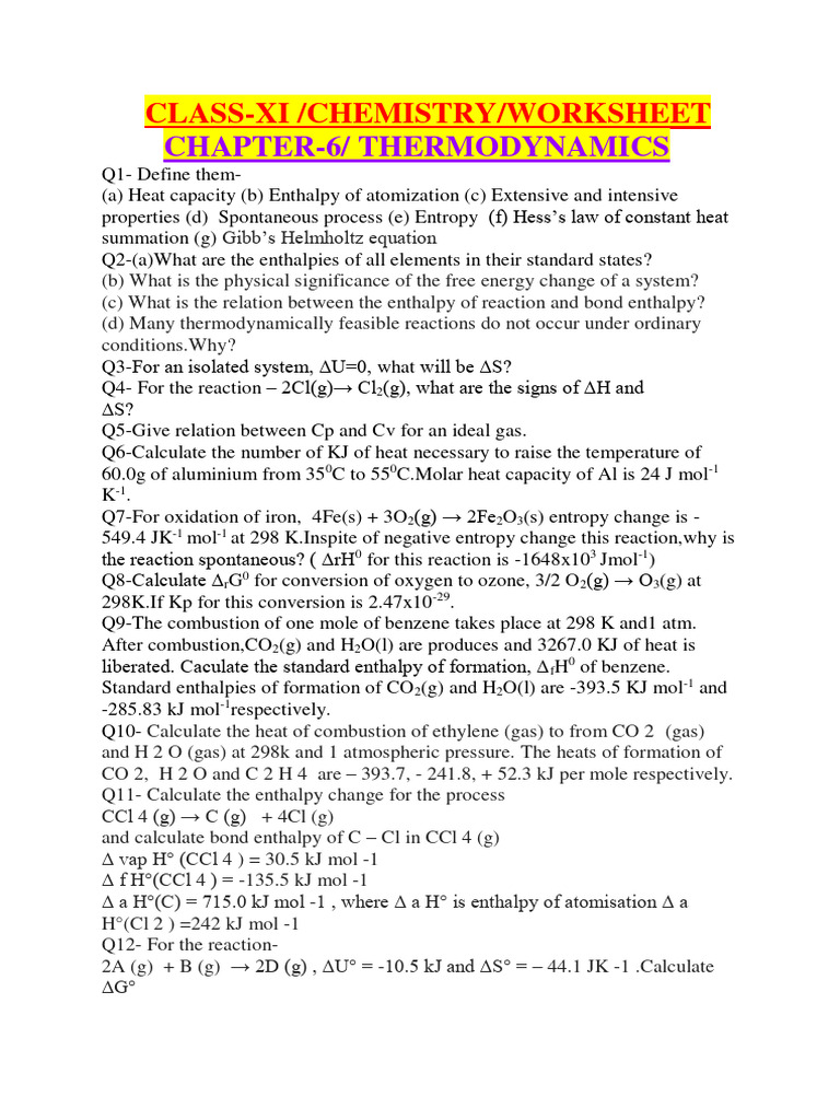 Class XI Chemistry Thermodynamics Worksheet Document PDF Enthalpy