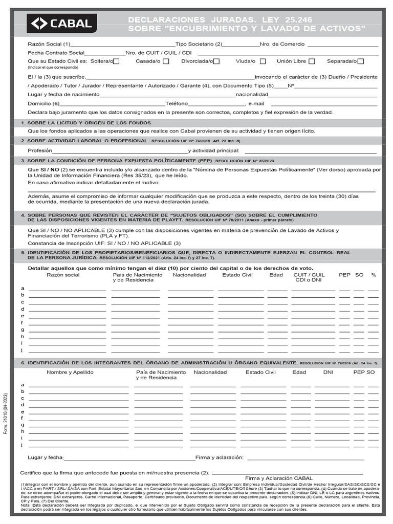 Declaración Jurada Ley 25.246 | PDF
