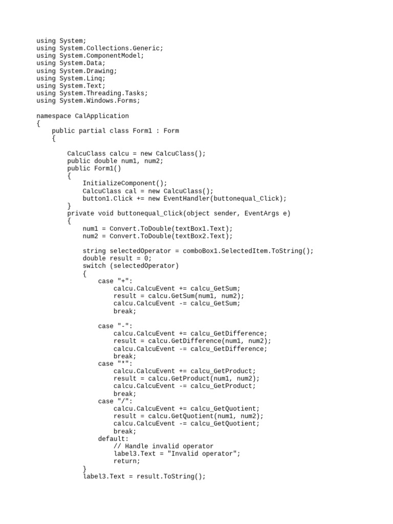 C# Calculator Application Code | PDF