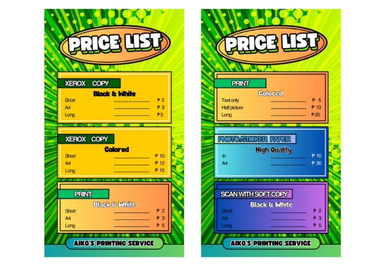 Price List - Aiko's Printing Service | PDF