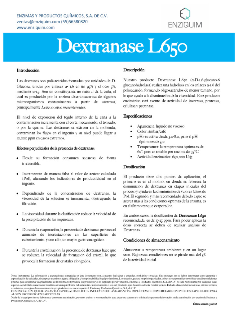 Dextranasa L650 para procesos azucareros | PDF | Enzima | Sacarosa
