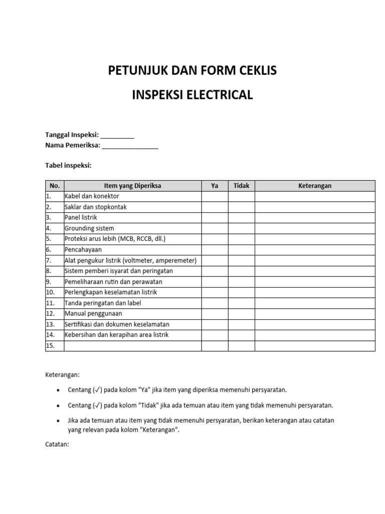 Form Ceklis Inspeksi Panel Listrik | PDF