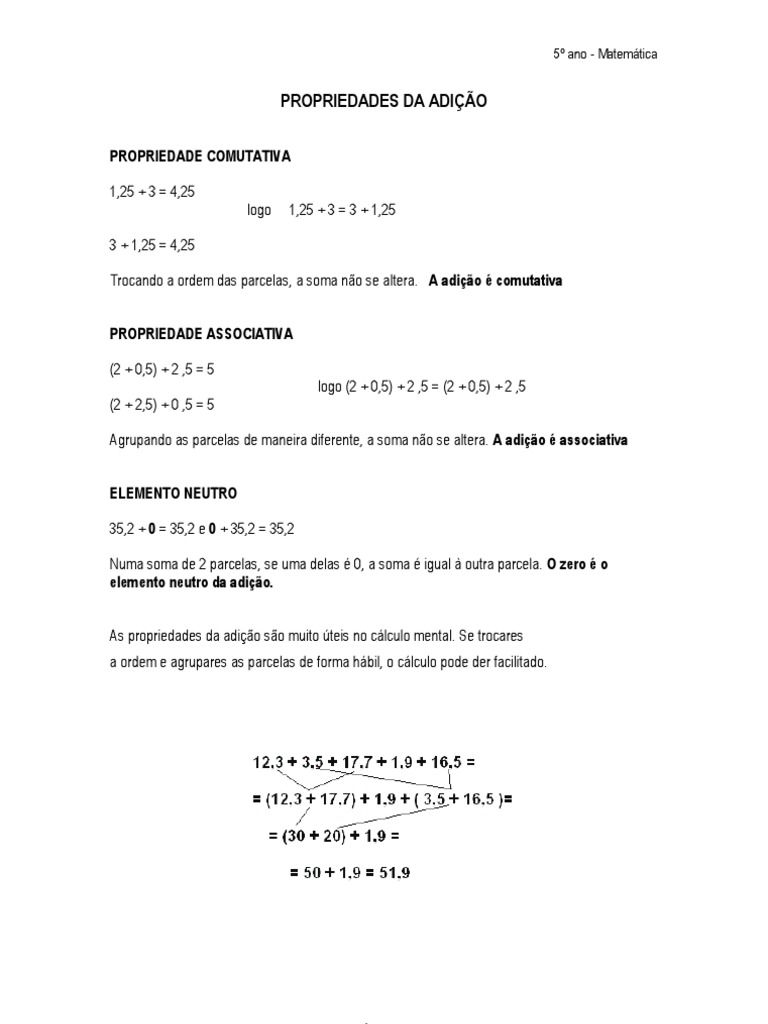 Atividade De Matematica Propriedades Da Adição 5 Ano