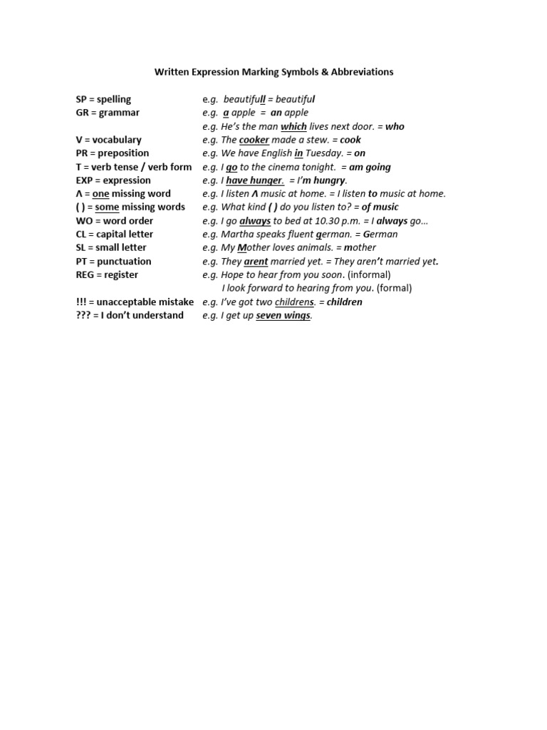 Written expression marking symbols and abbreviations pdf