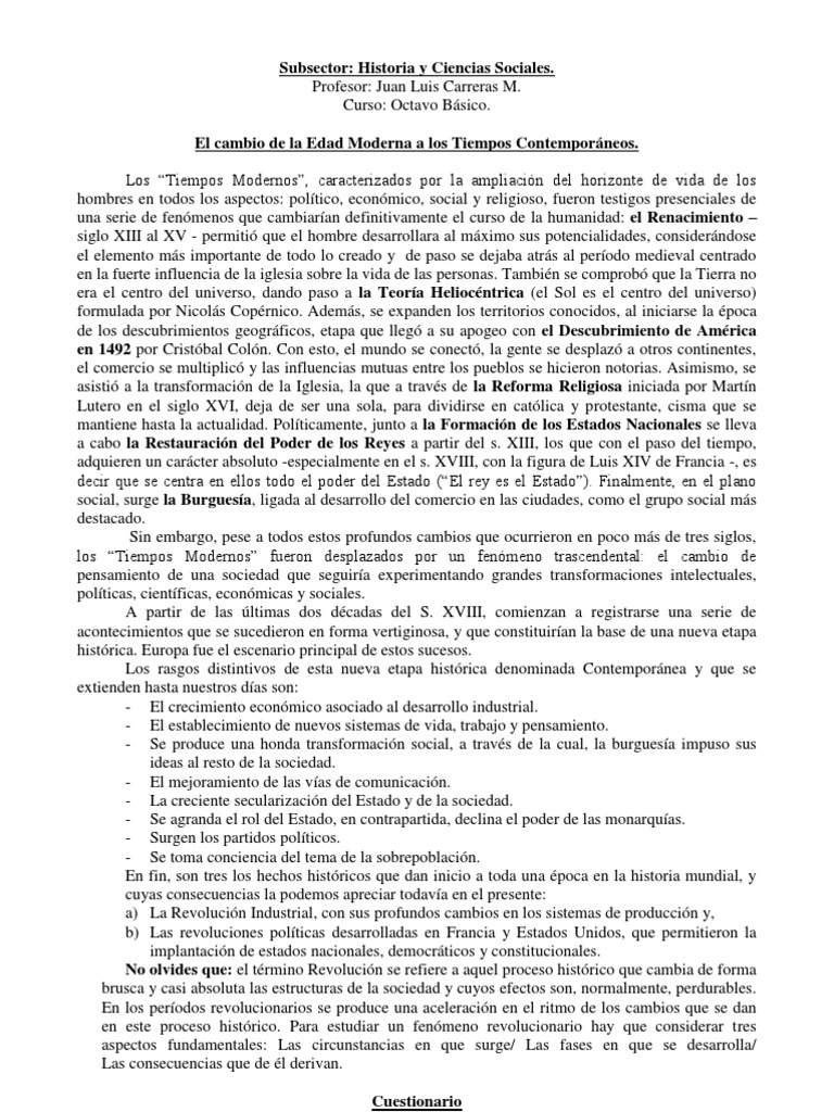El cambio de la Edad Moderna a los tiempos contemporáneos 