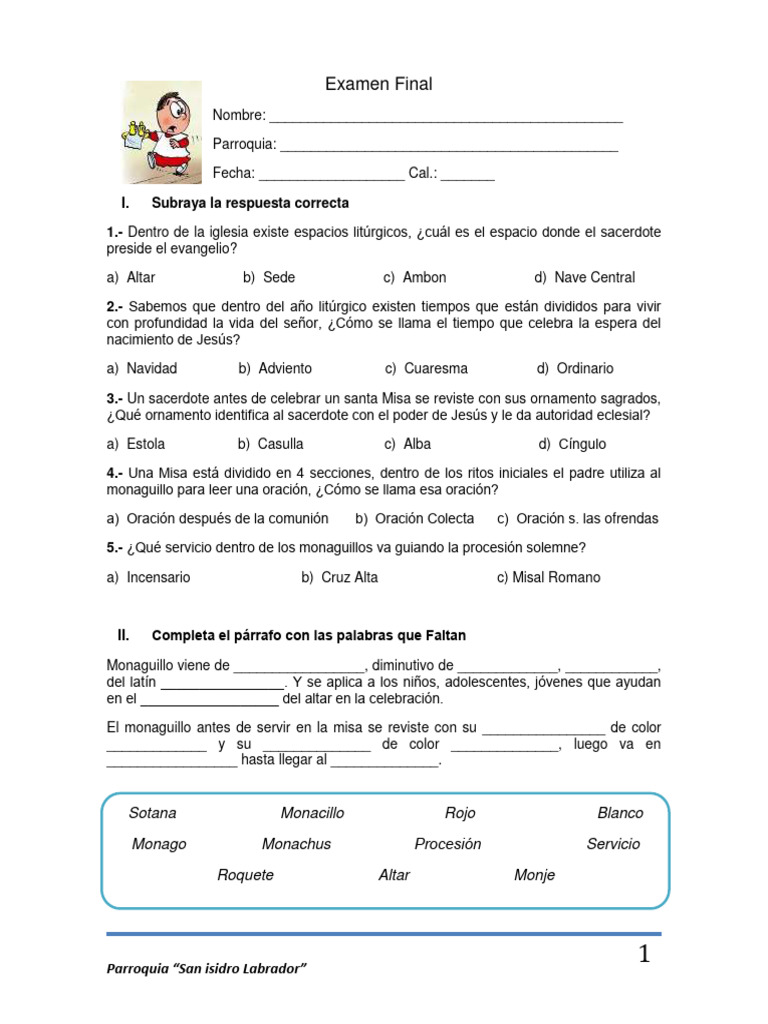 Examen Monaguillos Descargar Gratis Pdf Misa Liturgia Eucaristía