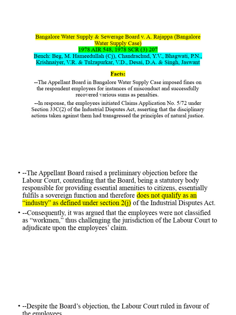 Bangalore Water Supply Case PDF Employment Strike Action