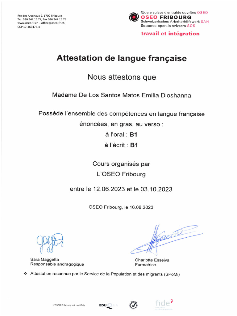 Attestation De Langue Fran aise B1OSEO Fribourg Emilia De Los Santos 